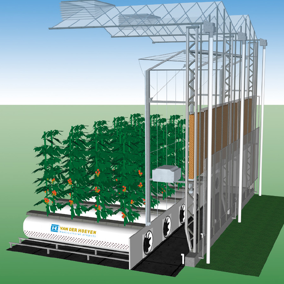 Cross-section of Van der Hoeven greenhouse design with integrated climate and water recovery system