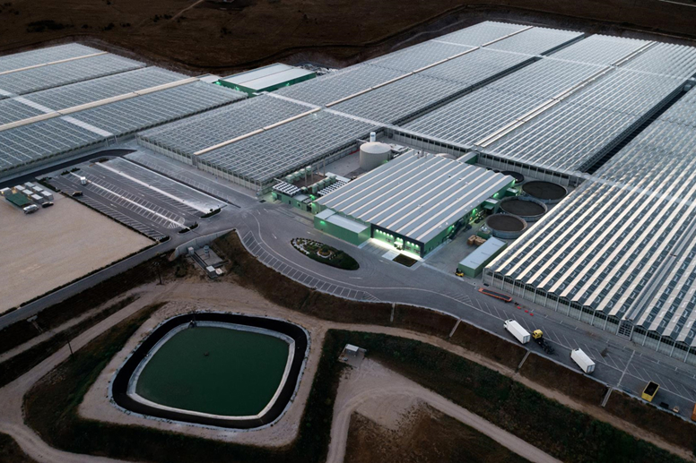 Luchtfoto van high tech turnkey kassen van Van der Hoeven.
