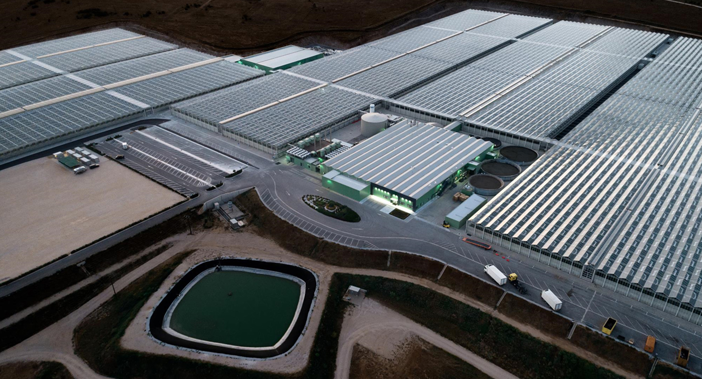 Aerial view of high tech turnkey greenhouses by Van der Hoeven.