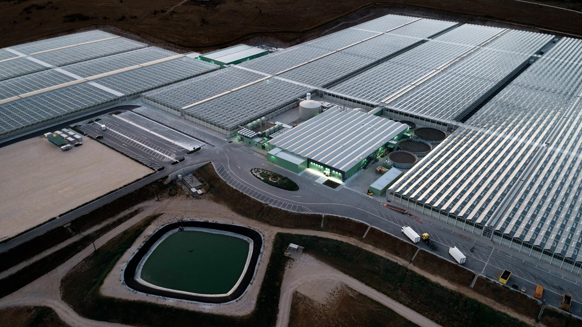 Aerial view of high tech turnkey greenhouses by Van der Hoeven.