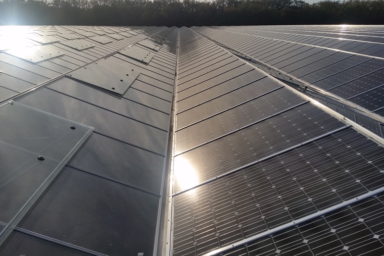 Close-up of Van Der Hoeven Solar Novi Sol greenhouse roof with integrated solar panels reflecting sunlight.